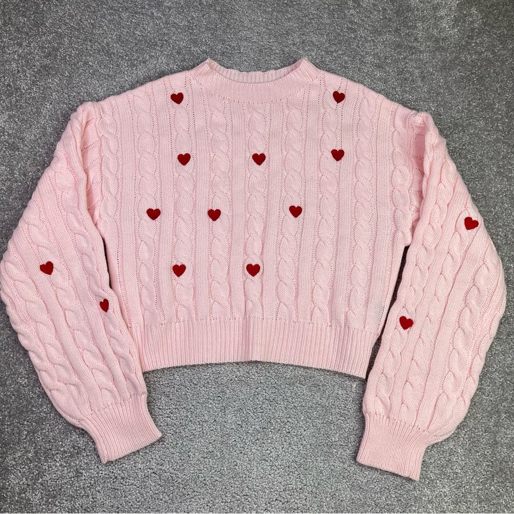 SHEIN Sweater Women’s Medium Pink Heart Cable Knit Valentine’s Day